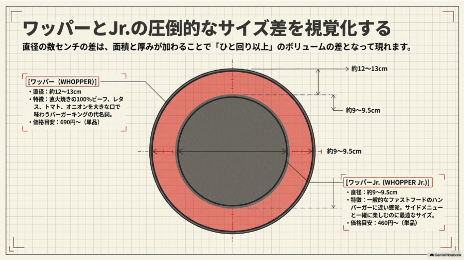 バーガーキングのワッパー約12～13cmとワッパーJr.約9～9.5cmの大きさを比較した図