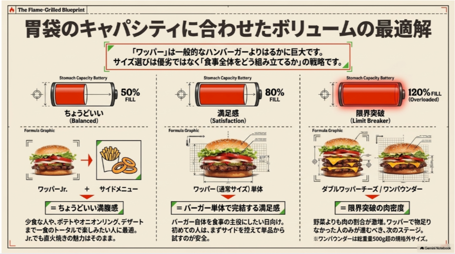 バーガーキングのワッパーJr.とサイド、通常ワッパー、ダブル系を食べる量と満足感で比較した図
