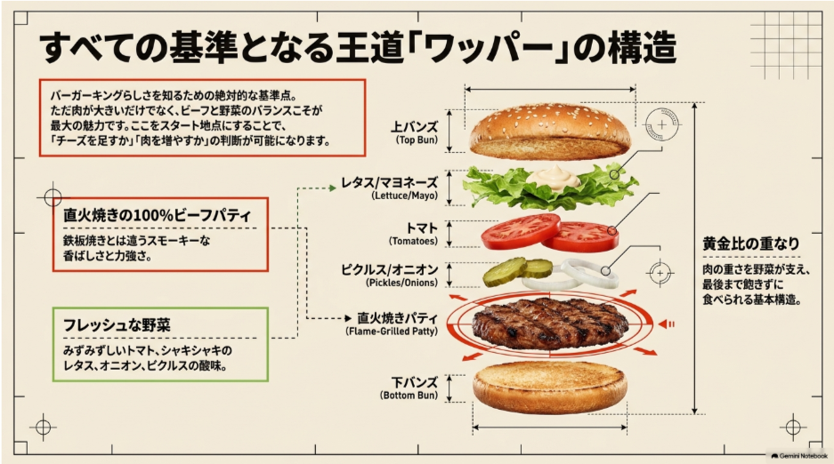 バーガーキングのワッパーをバンズ、野菜、ピクルス、オニオン、直火焼きビーフパティに分けて示した構造図