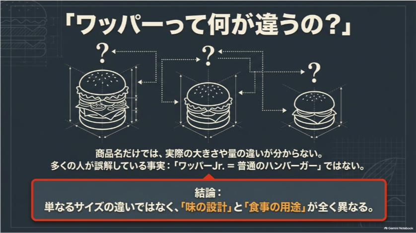 ワッパーとワッパーJr.と通常バーガーはサイズだけでなく味の設計や食事用途が異なることを解説