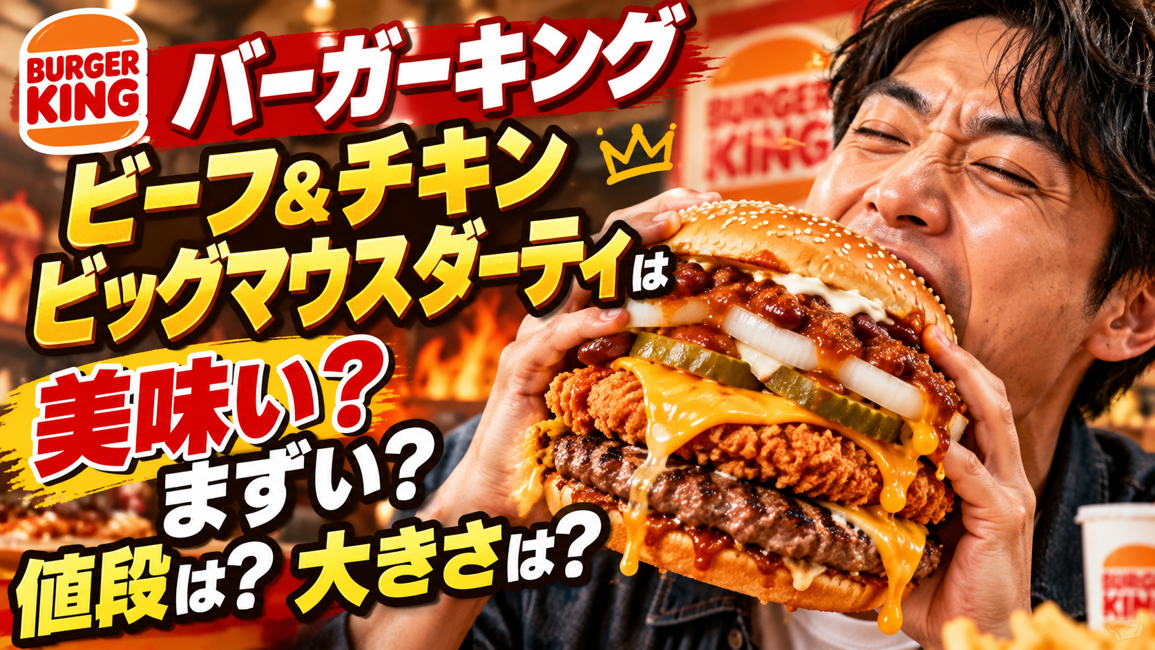 ビーフ＆チキンビッグマウスダーティを食べている男性