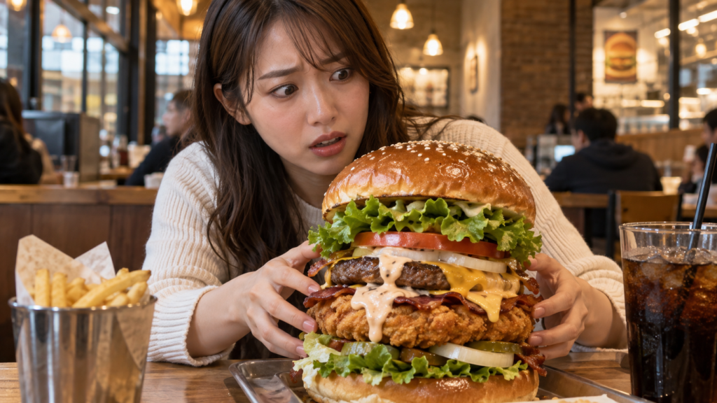 ビーフ＆チキンビッグマウスダーティの大きさに困惑する女性