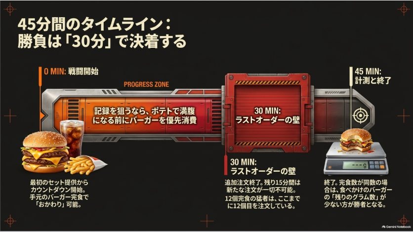 開始30分でラストオーダーとなるワンパウンダーチャレンジ45分間のタイムライン