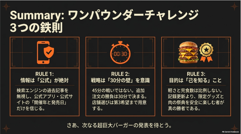 公式情報の確認と30分のラストオーダーと安全な参加を示したワンパウンダーチャレンジ3つの鉄則