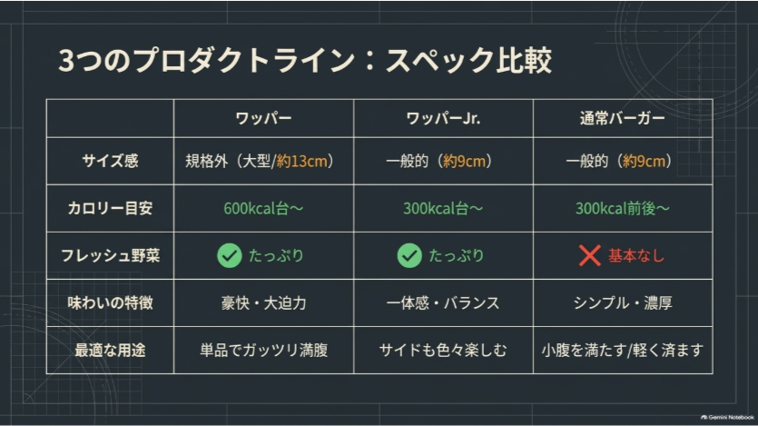 ワッパー・ワッパーJr.・通常バーガーのサイズ・カロリー・野菜・味・用途の違いを比較
