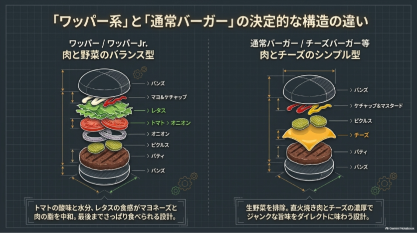 ワッパー・ワッパーJr.の肉と野菜の構成と通常チーズバーガーの肉とチーズ中心の構成を比較
