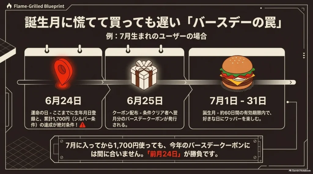 7月生まれの場合、6月24日までに誕生日登録と購入条件を整え、6月25日にバースデークーポンの配布を確認する流れ