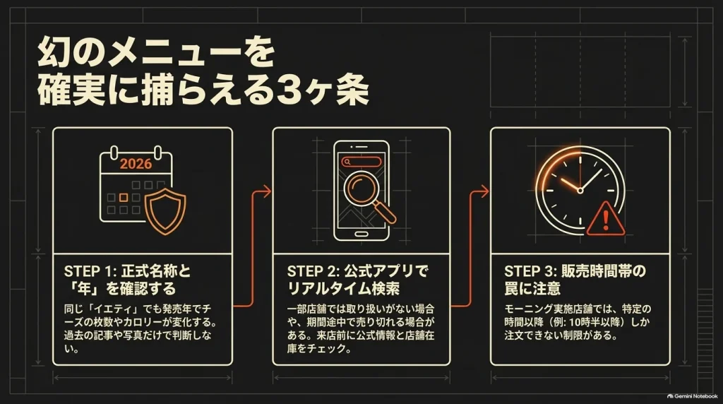 ザ・ワンパウンダーの来店前確認を三段階で示す図。正式な商品名と発売年、公式アプリや店舗での取り扱い、販売時間帯の条件を確認する。