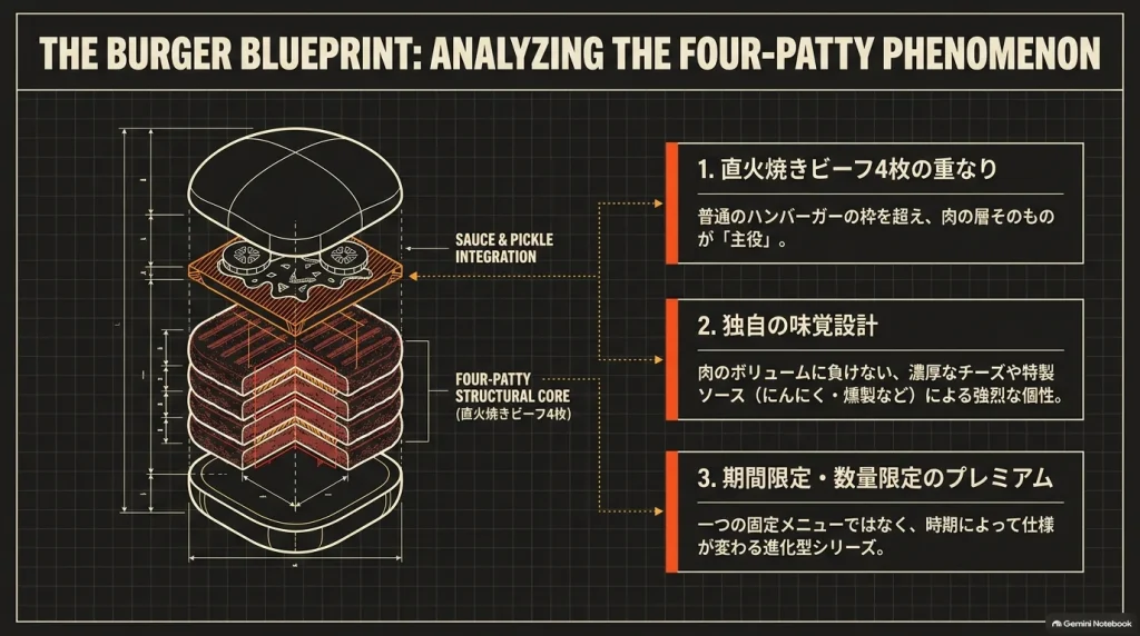 ザ・ワンパウンダーを分解した構造図。直火焼きビーフ4枚、チーズや特製ソースによる味の違い、期間・数量限定という三つの特徴を説明。