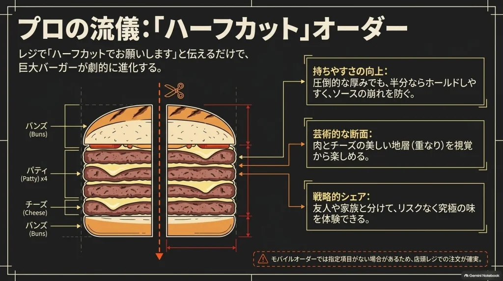 ビーフパティ4枚のバーガーを半分に切ったハーフカットの図。注文時の頼み方と、持ちやすさ、断面の楽しみ方、友人や家族とのシェアを紹介。