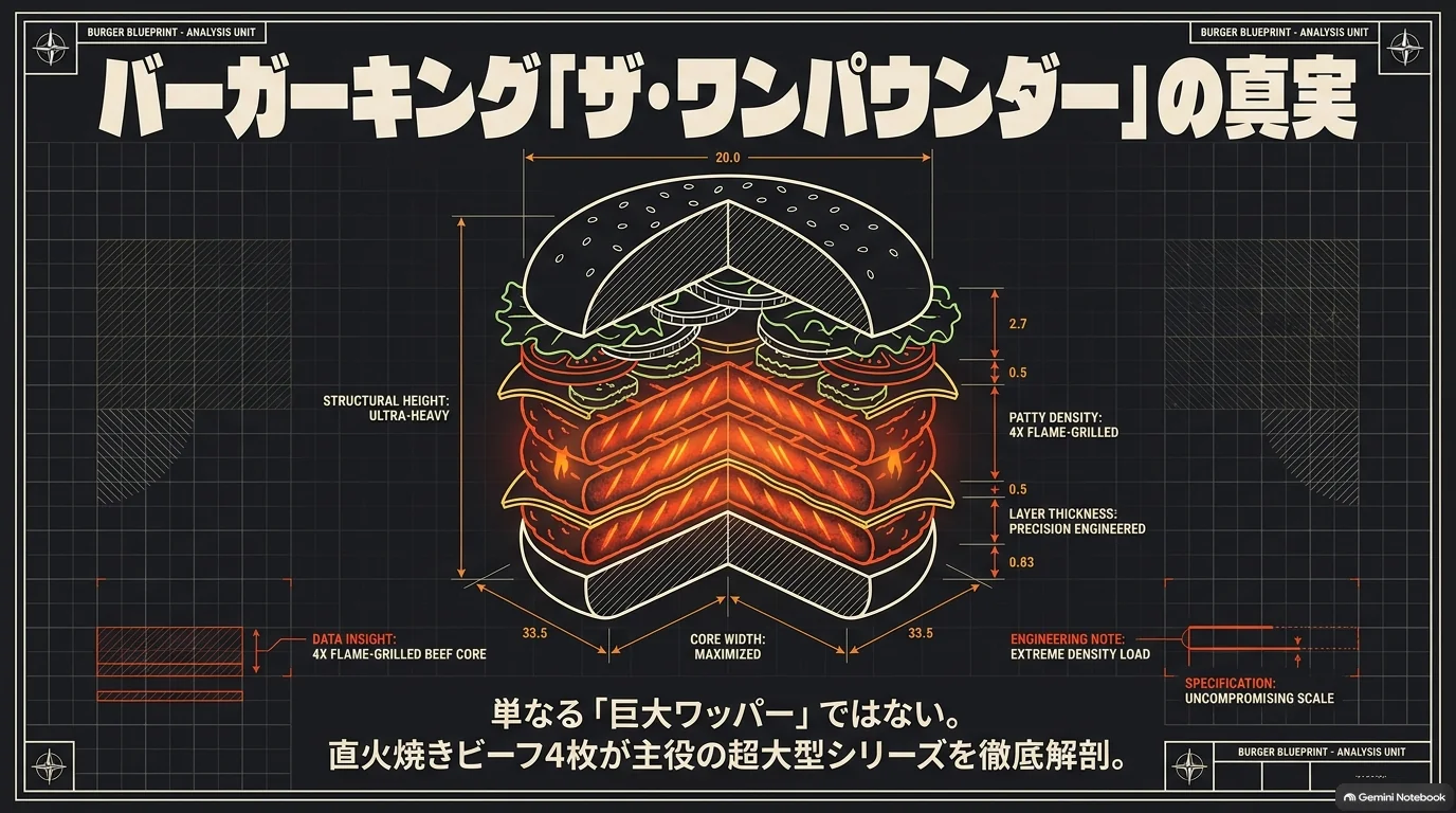 直火焼きビーフパティ4枚を重ねたザ・ワンパウンダーの構造を示す図。通常のワッパーの単なるサイズ違いではない特徴を紹介。