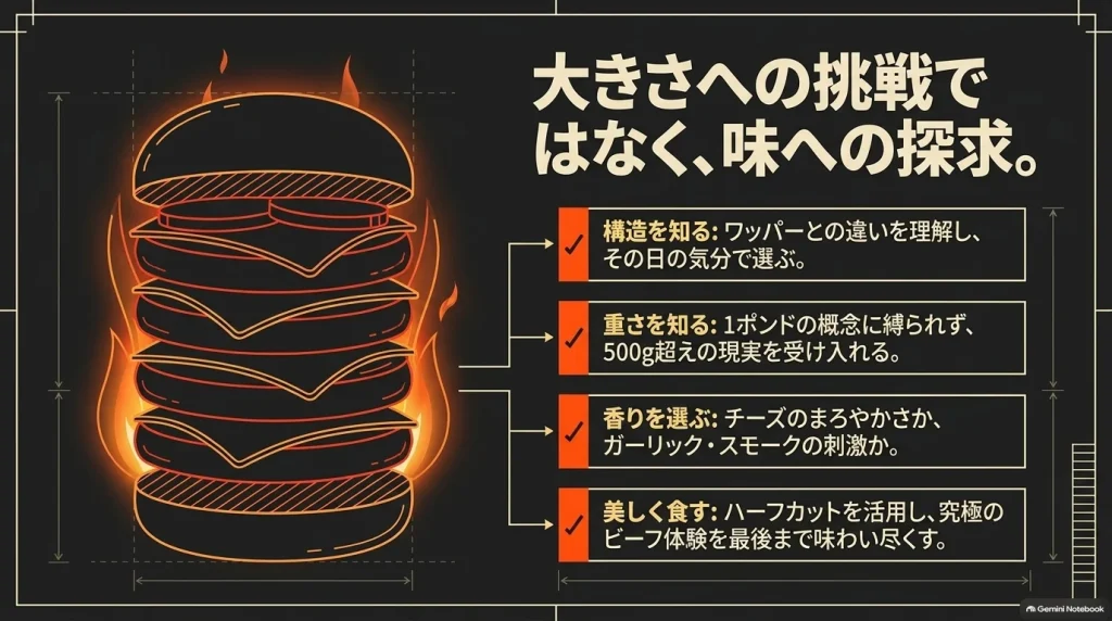 ザ・ワンパウンダーを楽しむ四つのポイントをまとめた図。ワッパーとの構造の違い、重量の見方、チーズやソースの好み、ハーフカットの活用を示す。