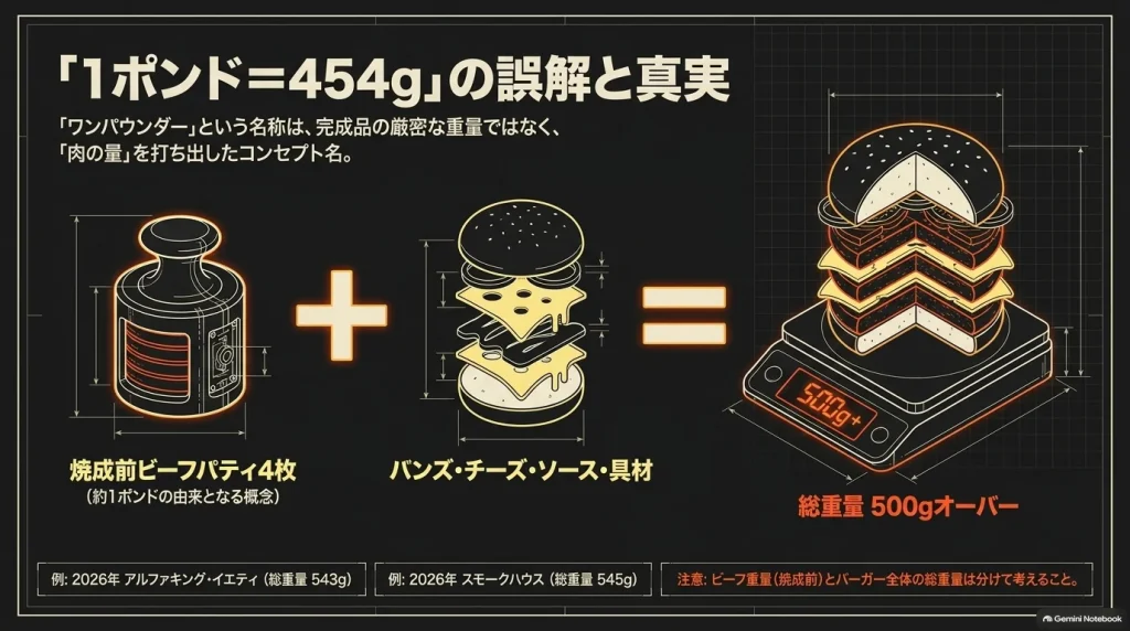 焼成前のビーフ重量と、バンズ・チーズ・ソースを含むバーガー全体の総重量を区別する図。2026年の公表例としてアルファキング・イエティ543g、スモークハウス545gを紹介。