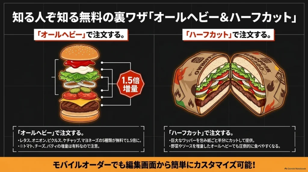 オールヘビーはレタス・オニオン・ピクルス・ケチャップ・マヨネーズを無料で1.5倍に増量。ハーフカットは包み紙ごと半分に切るサービス。トマト・チーズ・パティの増量は有料。