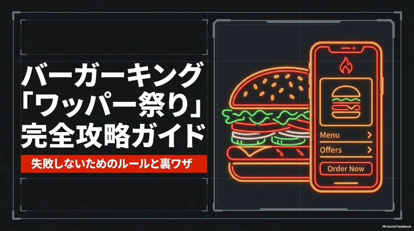 バーガーとスマートフォンのイラストを使った、バーガーキング「ワッパー祭り」のルールと活用方法を紹介するガイドの表紙。