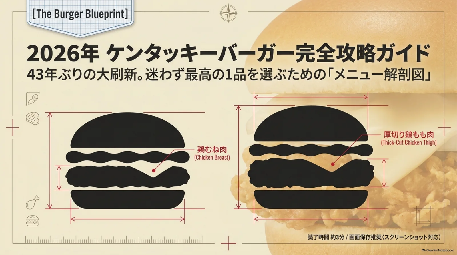 2026年ケンタッキーバーガー完全攻略ガイドの表紙。鶏むね肉と鶏もも一枚肉のバーガーを図解