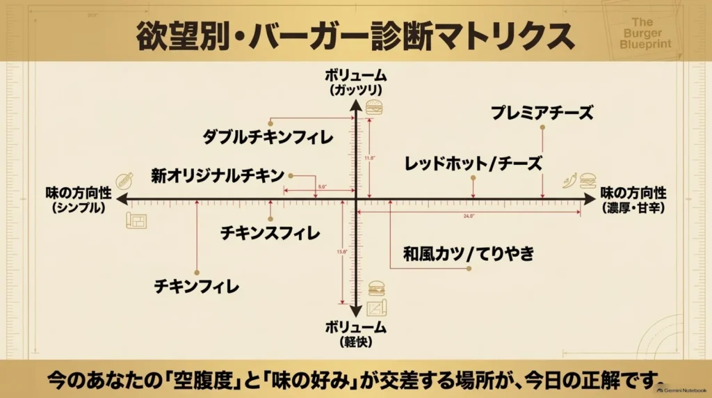 KFCバーガーを味の濃さとボリュームの2軸で分類した選択マトリクス