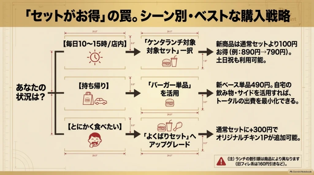 10時から15時のケンタランチ、持ち帰りの単品、ガッツリ食べるよくばりセットの使い分け