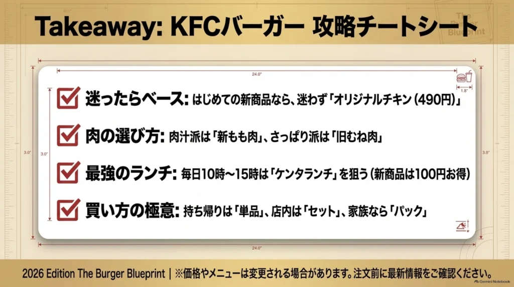 初回の商品、鶏肉の部位、ランチ、店内・持ち帰り・家族利用の選び方をまとめたKFCバーガー攻略表