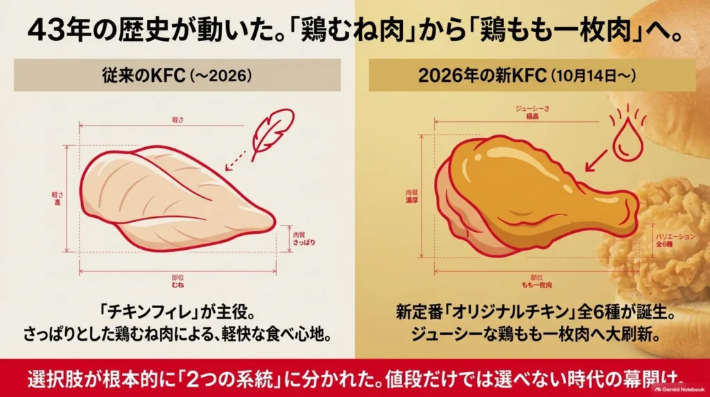 従来の鶏むね肉のチキンフィレと、2026年に登場した鶏もも一枚肉のオリジナルチキンを比較した図