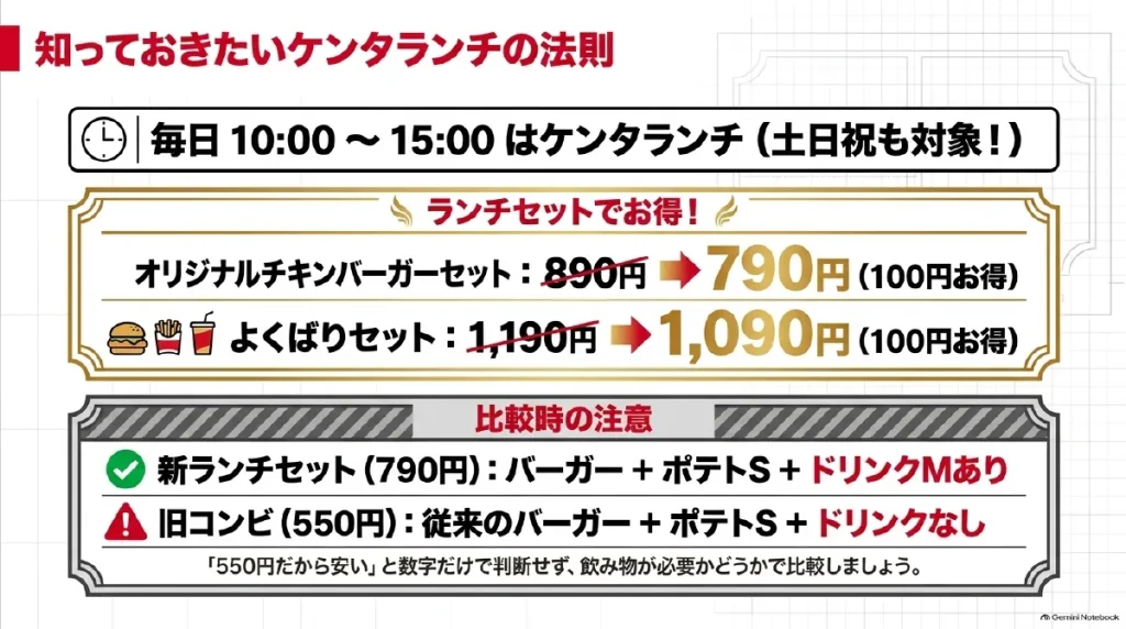 ケンタランチの基本時間は毎日10時から15時。基本セット790円、よくばりセット1090円で、従来バーガーの550円コンビにはドリンクが付かない