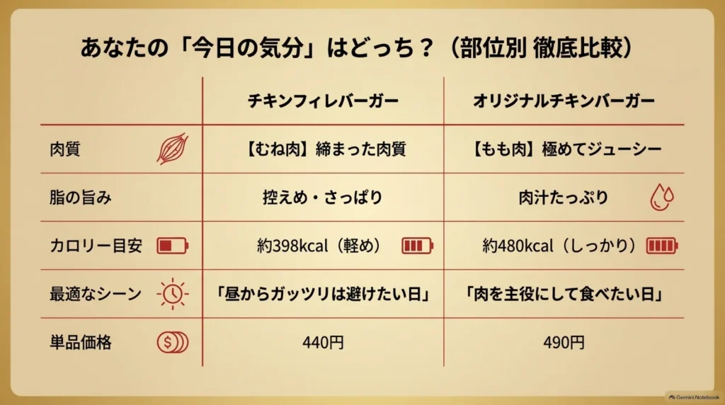 鶏むね肉のチキンフィレバーガーと鶏もも肉のオリジナルチキンバーガーを肉質、脂の旨み、カロリー、価格で比較