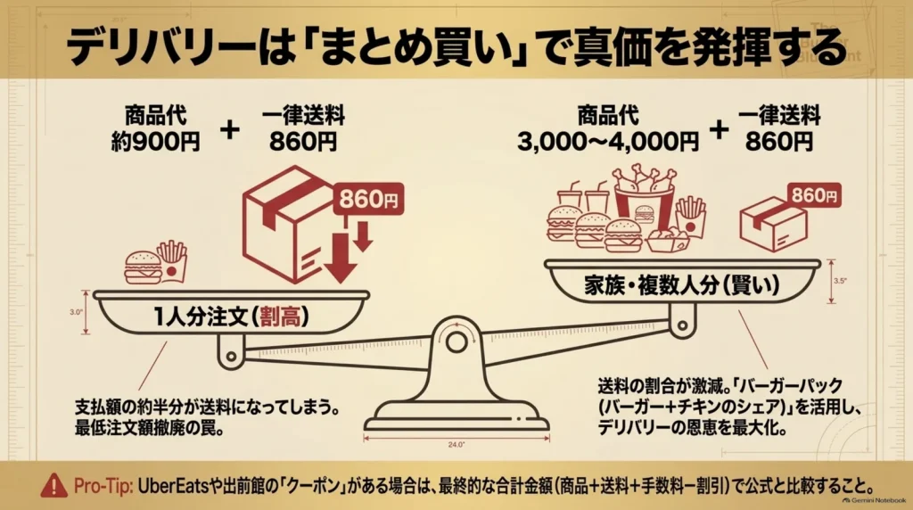 一律送料860円を踏まえ、一人分の注文と家族・複数人分のまとめ買いを天秤で比較