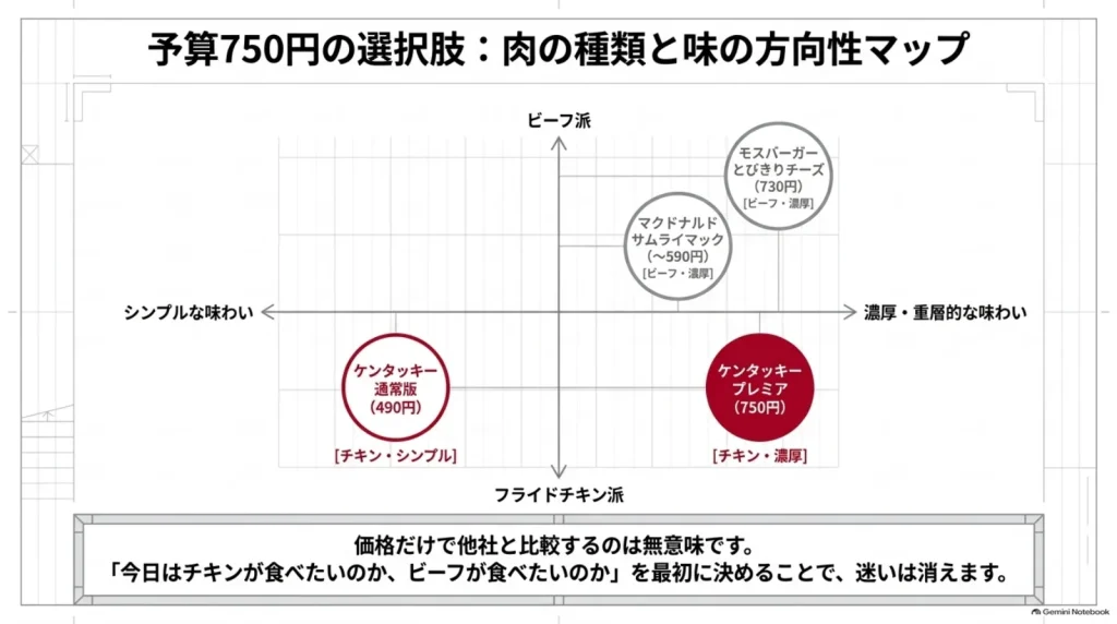 KFCの通常版とプレミア、サムライマック、モスのとびきりチーズを、肉の種類とシンプルから濃厚までの味の方向性で配置した比較マップ