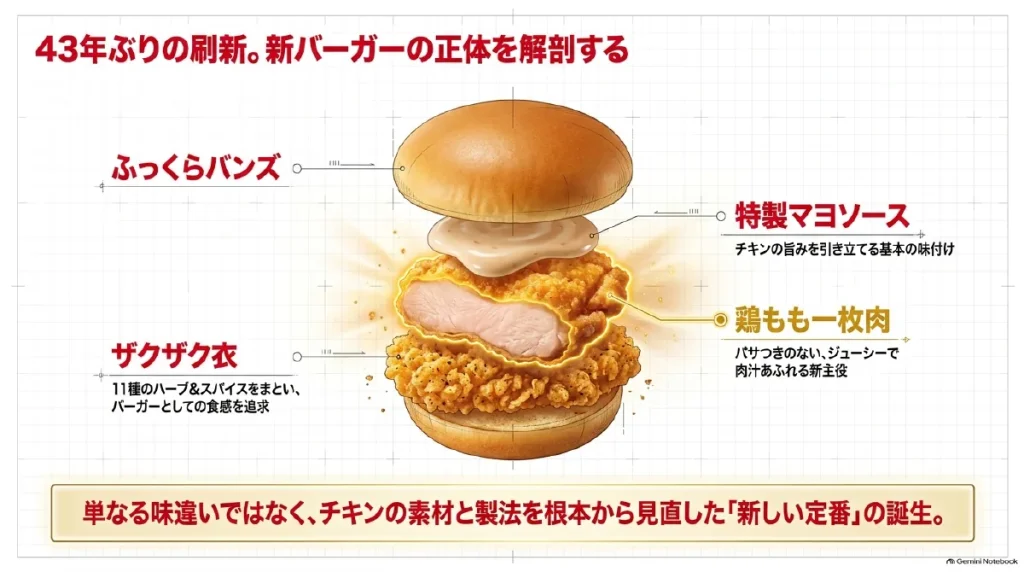 オリジナルチキンバーガーを分解し、ふっくらバンズ、特製マヨソース、鶏もも一枚肉、ザクザクした衣の組み合わせを示した図