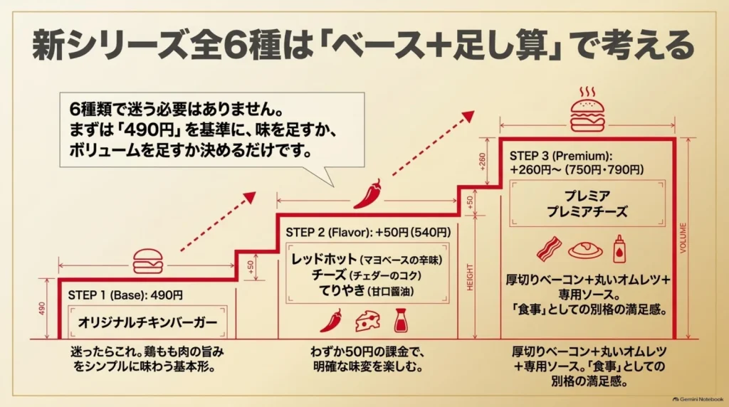 490円の基本バーガー、プラス50円の味変3種、750円以上のプレミア系を階段状に比較