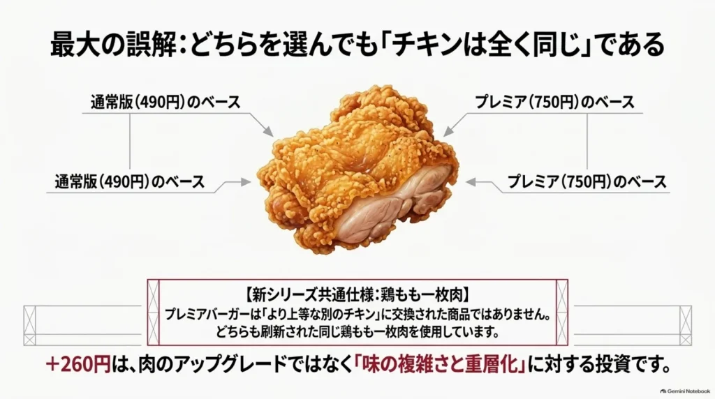 通常版とプレミアバーガーが共通の鶏もも一枚肉を使用し、260円の差額は追加具材とソースの違いによることを示す図