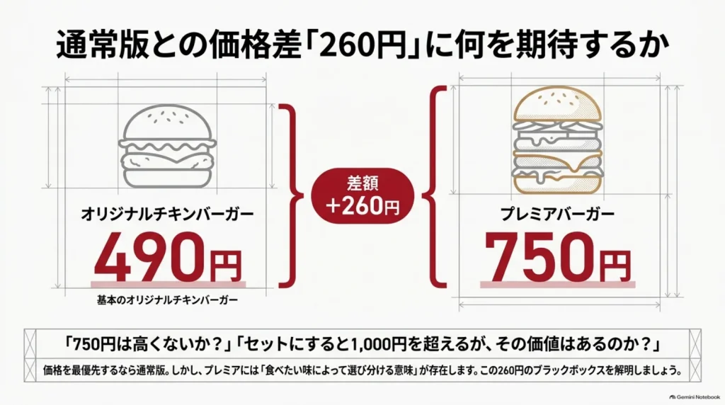 オリジナルチキンバーガー490円とプレミアバーガー750円を並べ、価格差が260円であることを示す比較図