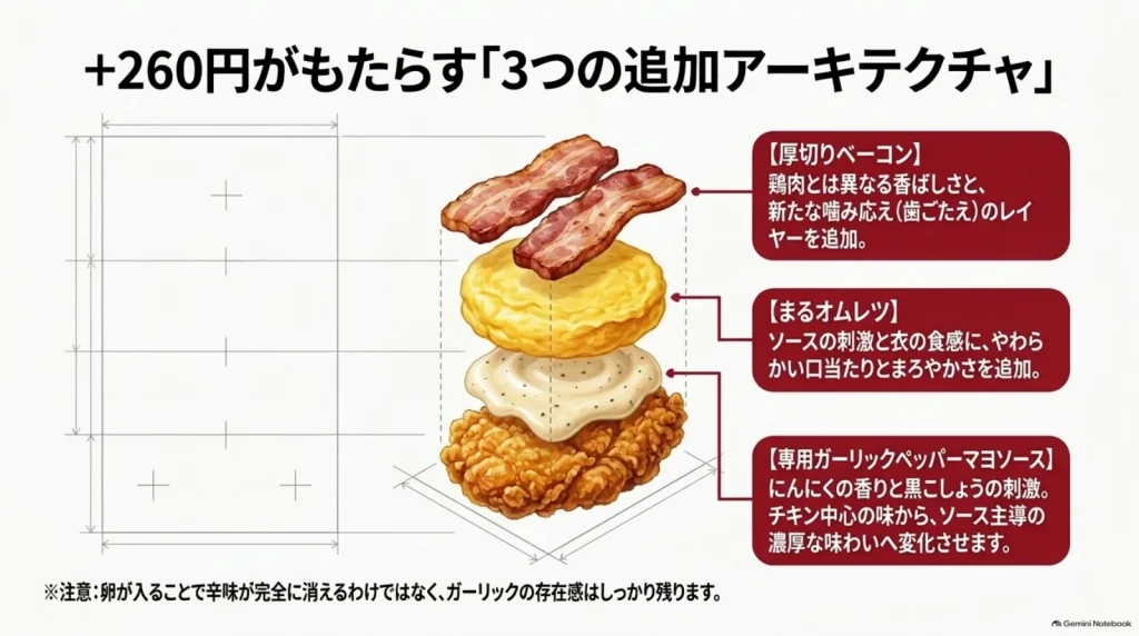 チキンに重ねる厚切りベーコン、まるオムレツ、ガーリックペッパーマヨソースを分解図で示し、それぞれの味と食感の役割を説明