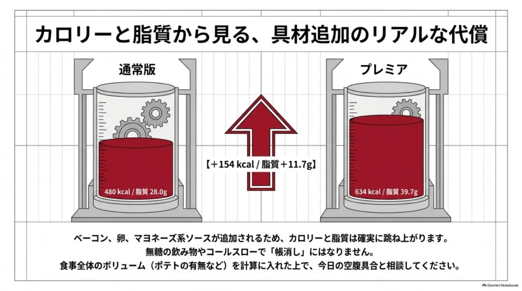 参考値で通常版480kcal・脂質28.0gとプレミア634kcal・脂質39.7gを比較し、差が154kcal・脂質11.7gであることを示す図