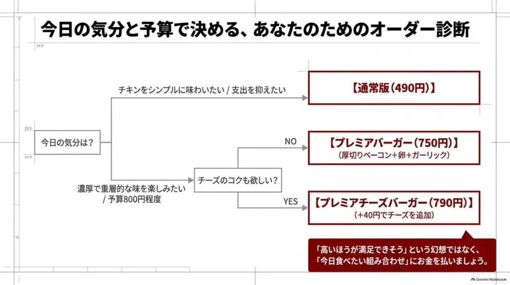 チキンをシンプルに楽しむなら通常版490円、卵とベーコンを楽しむならプレミア750円、チーズも欲しいならプレミアチーズ790円へ分岐する注文フロー