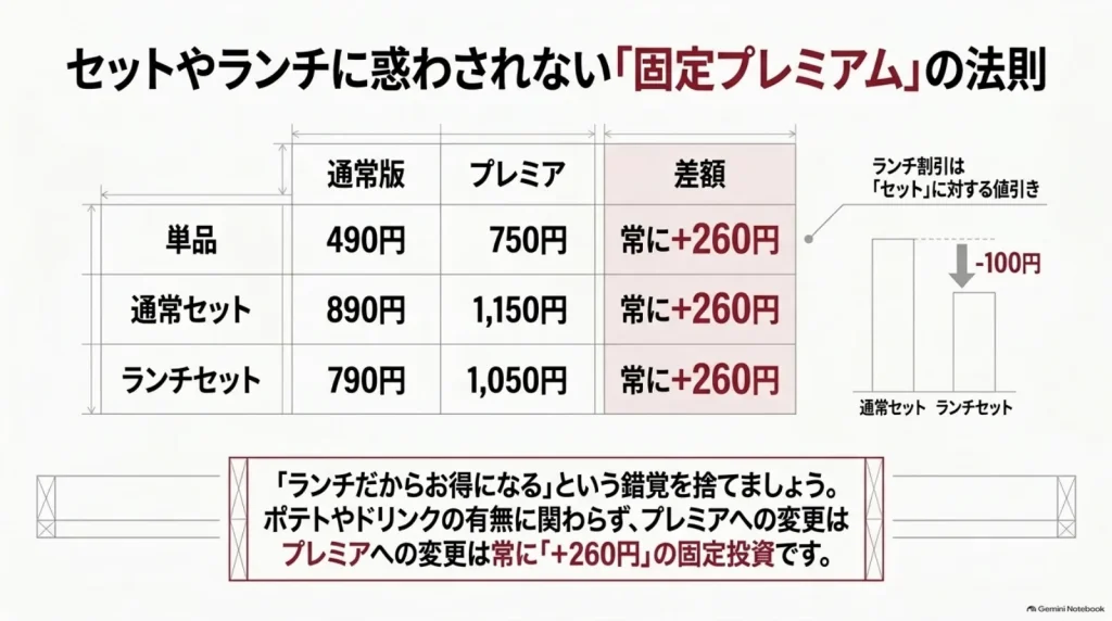 通常版とプレミアの価格を単品490円と750円、通常セット890円と1150円、ランチセット790円と1050円で比較し、いずれも260円差と示す表